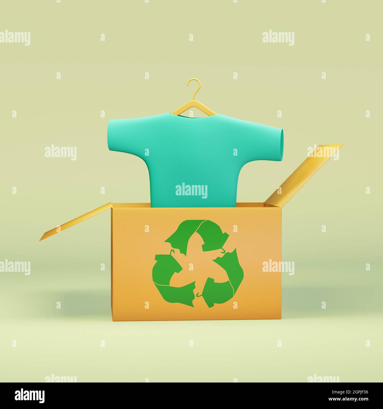 recycle clothes symbol on box with t shirt on hanger, 3D illustration