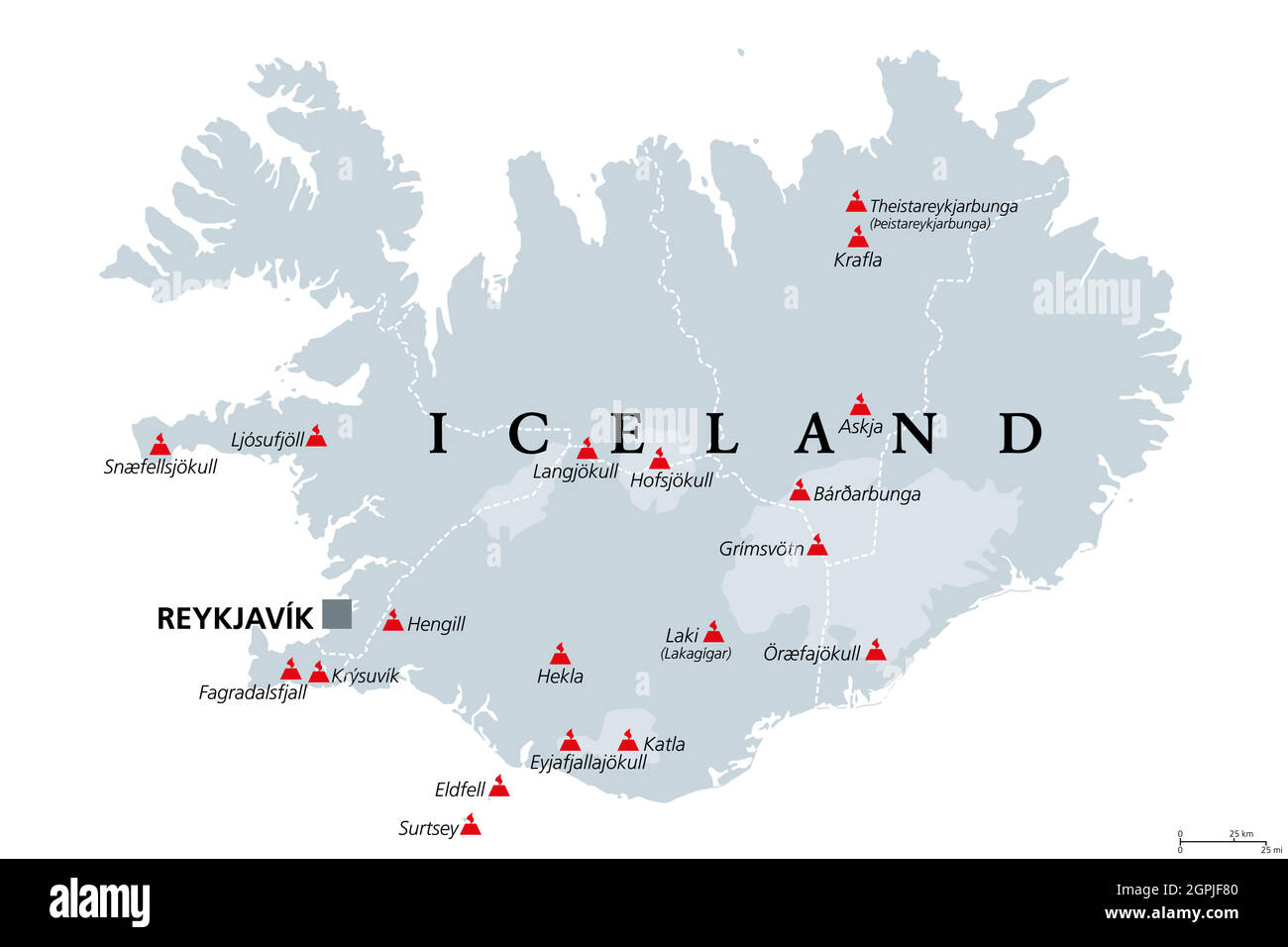 Volcanoes of Iceland that erupted since human settlement, political map Stock Vector