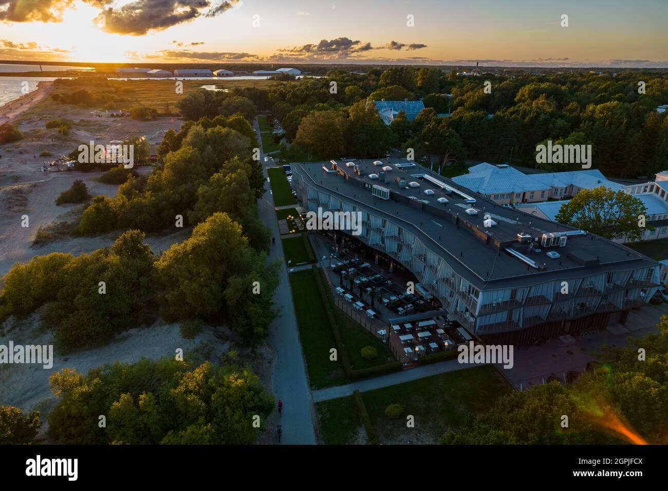 Aerial view of Hedon Spa Hotel in Pärnu beach. Popular modern building of Hedon Spa and Hotel. Stock Photo
