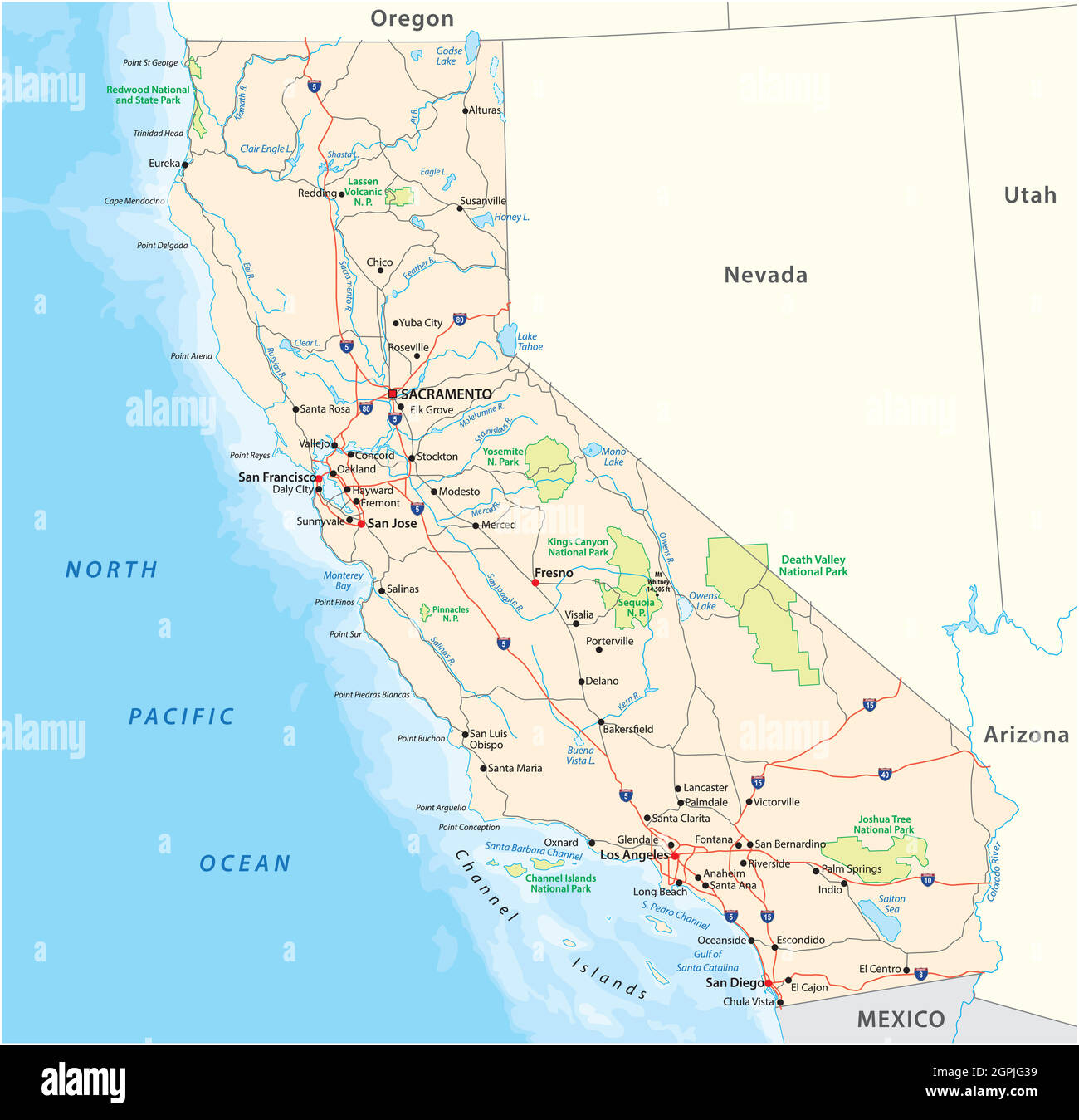 road and national park vector map of the US state of California Stock Vector