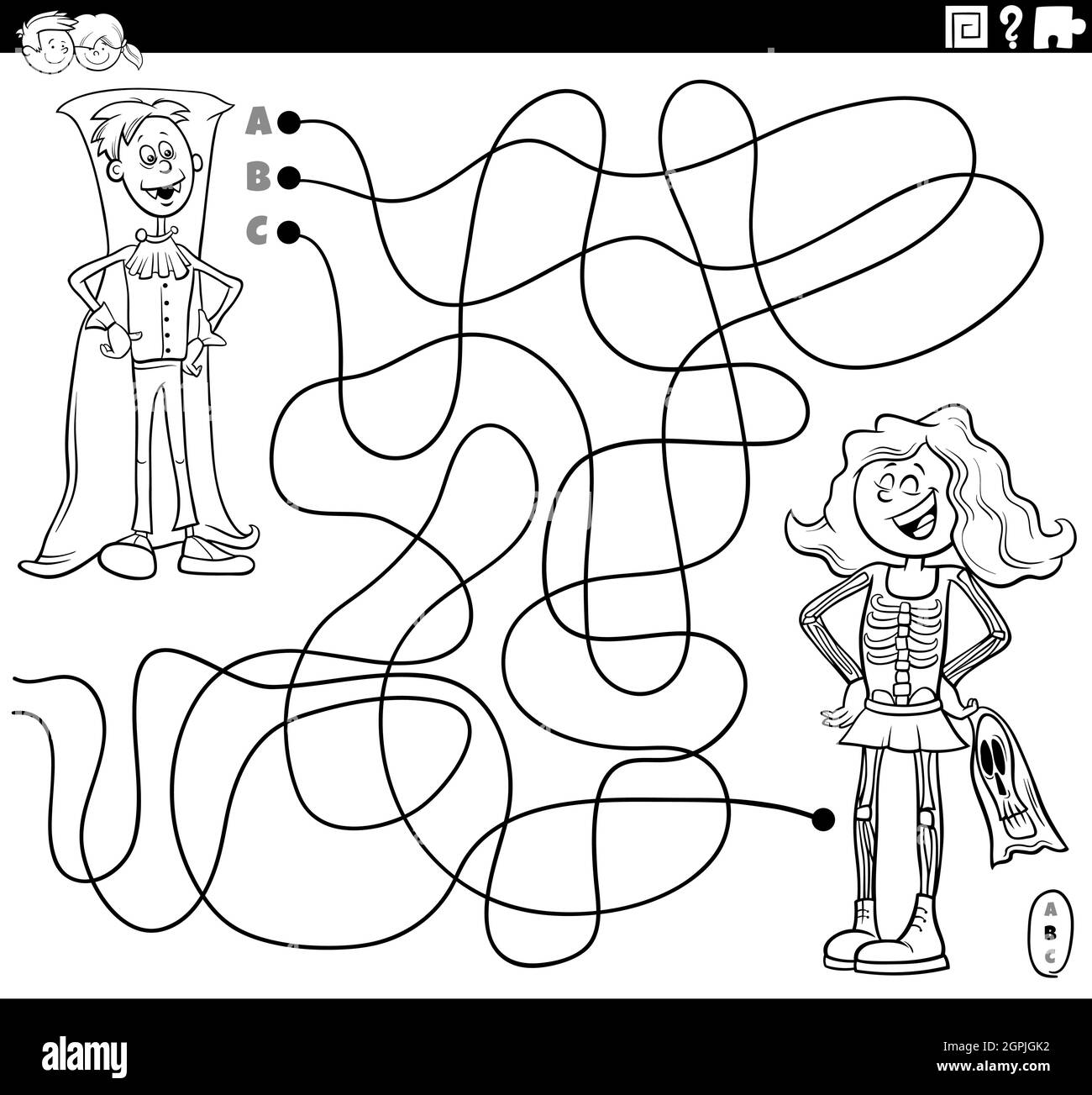 line maze with cartoon kids at costume party coloring book page Stock Vector