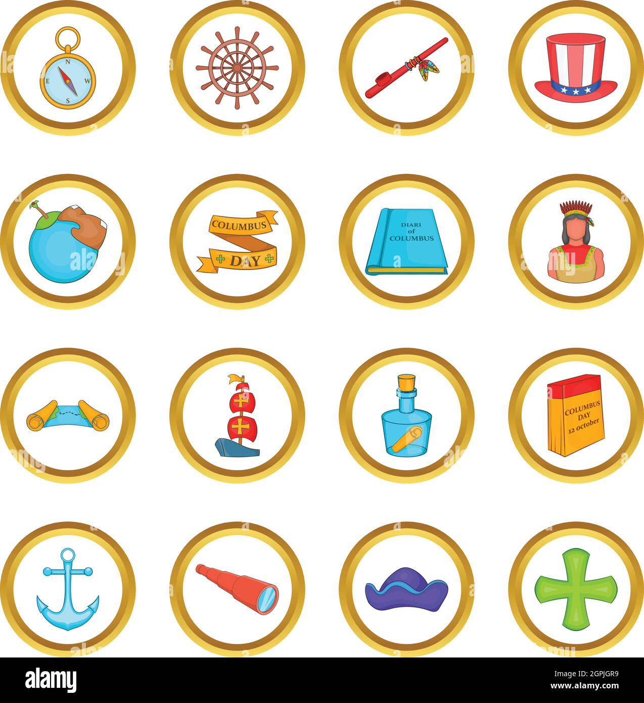 Columbus Day vector set, cartoon style Stock Vector