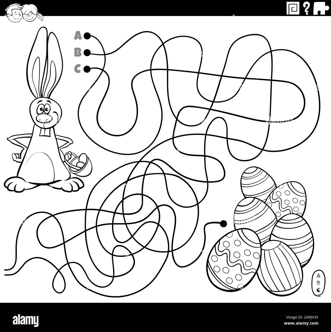 line maze with cartoon Easter Bunny coloring book page Stock Vector