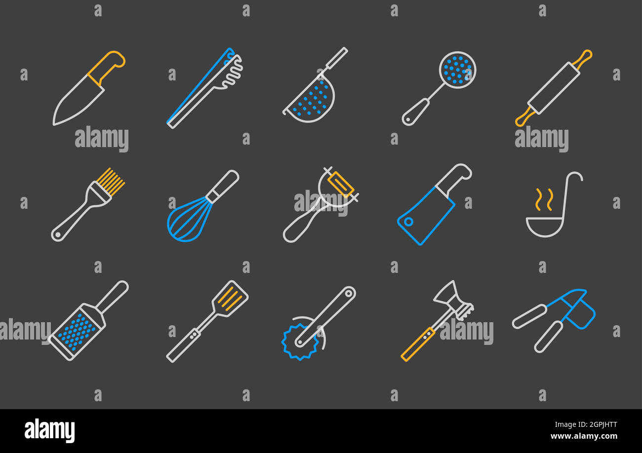 Kitchenware icons vector set. Cute kitchen utensils doodle hand drawn style  Stock Vector Image & Art - Alamy