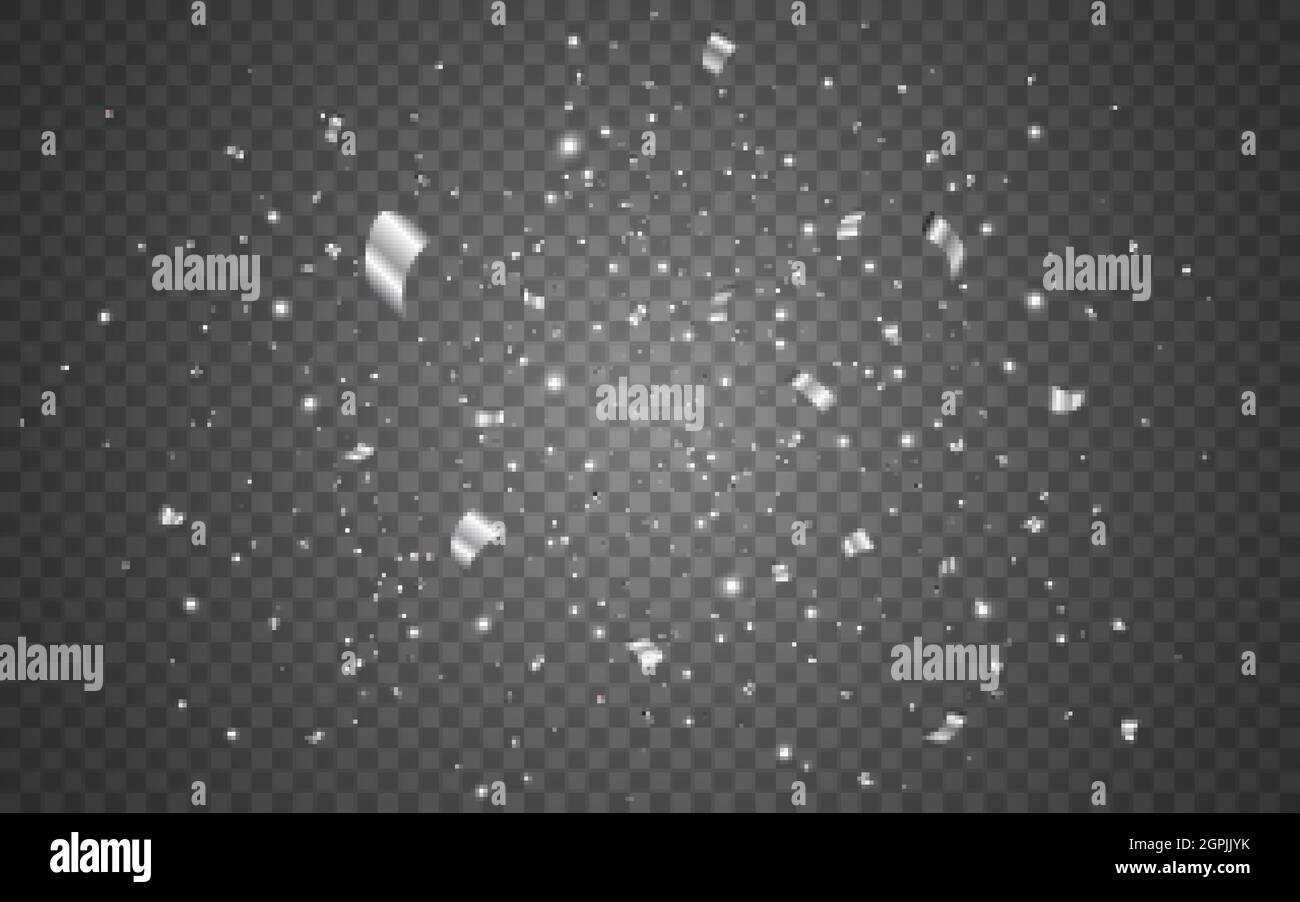 Confetti silver on transparent backdrop. Christmas sparkles. Bright flying serpentine. Silver anniversary template. Realistic falling glitter. Vector Stock Vector