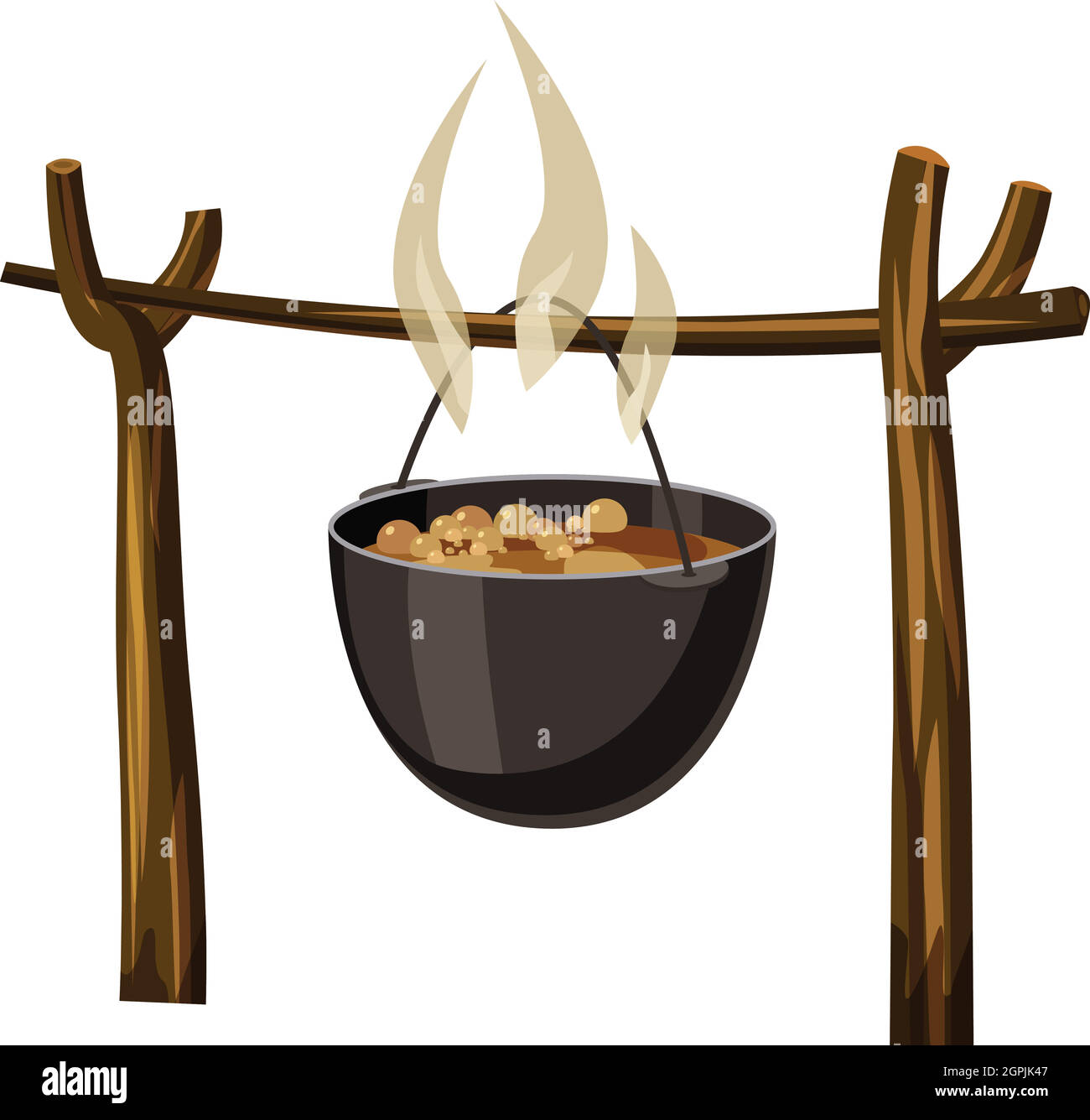Soup on camp fire icon, cartoon style Stock Vector