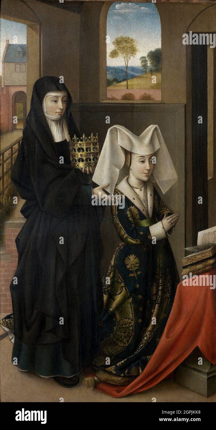 Isabel of Portugal with Saint Elizabeth, 1457–60. Painting by Petrus Christus Stock Photo