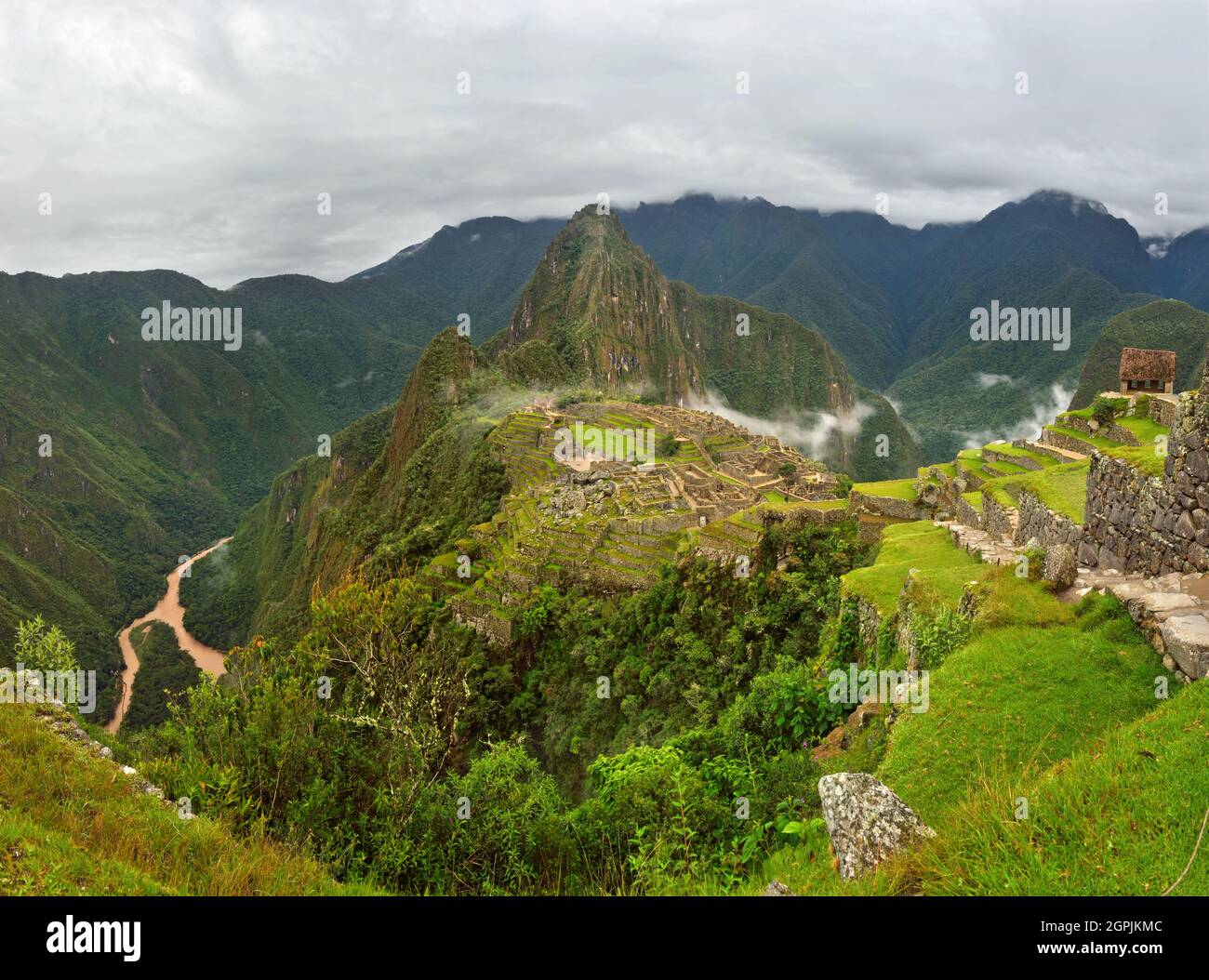 Panoramic view of Machu Picchu, Inca citadel with Huayna Picchu at the ...
