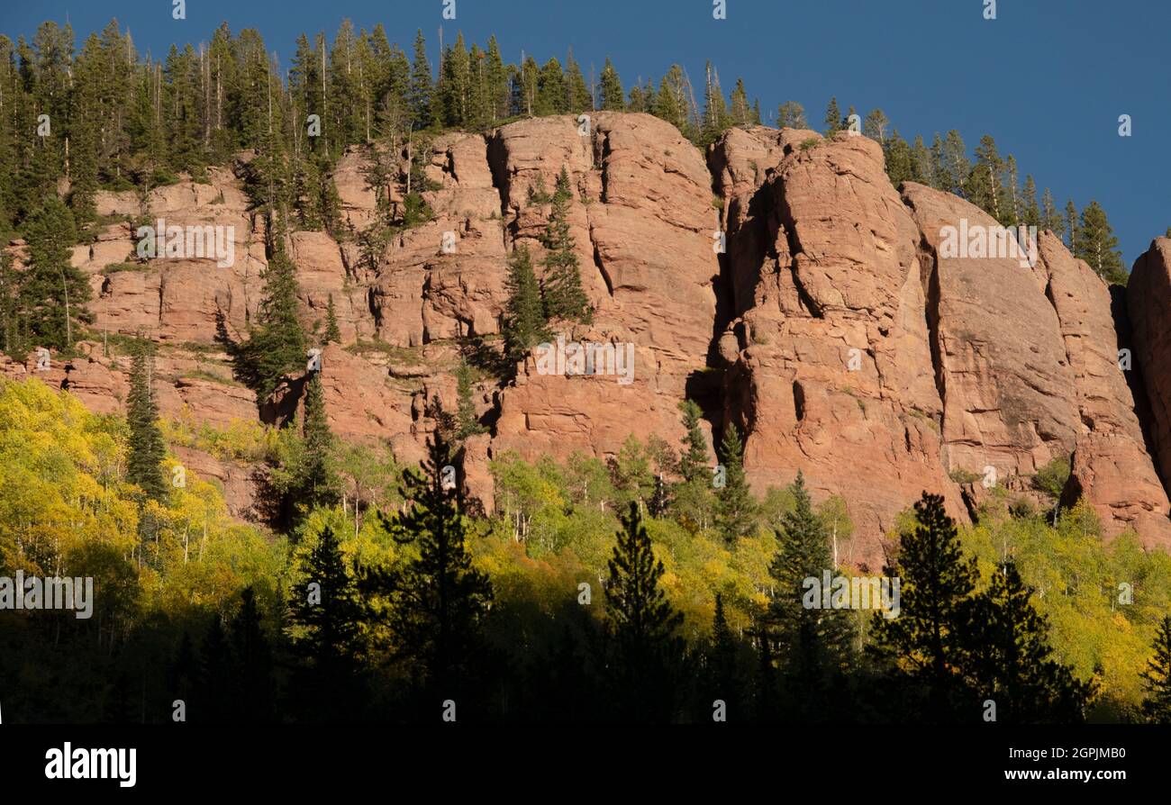Red rock cliffs, Elk Mountains, Upper Cement Creek, Gunnison County, Colorado, September Stock Photo