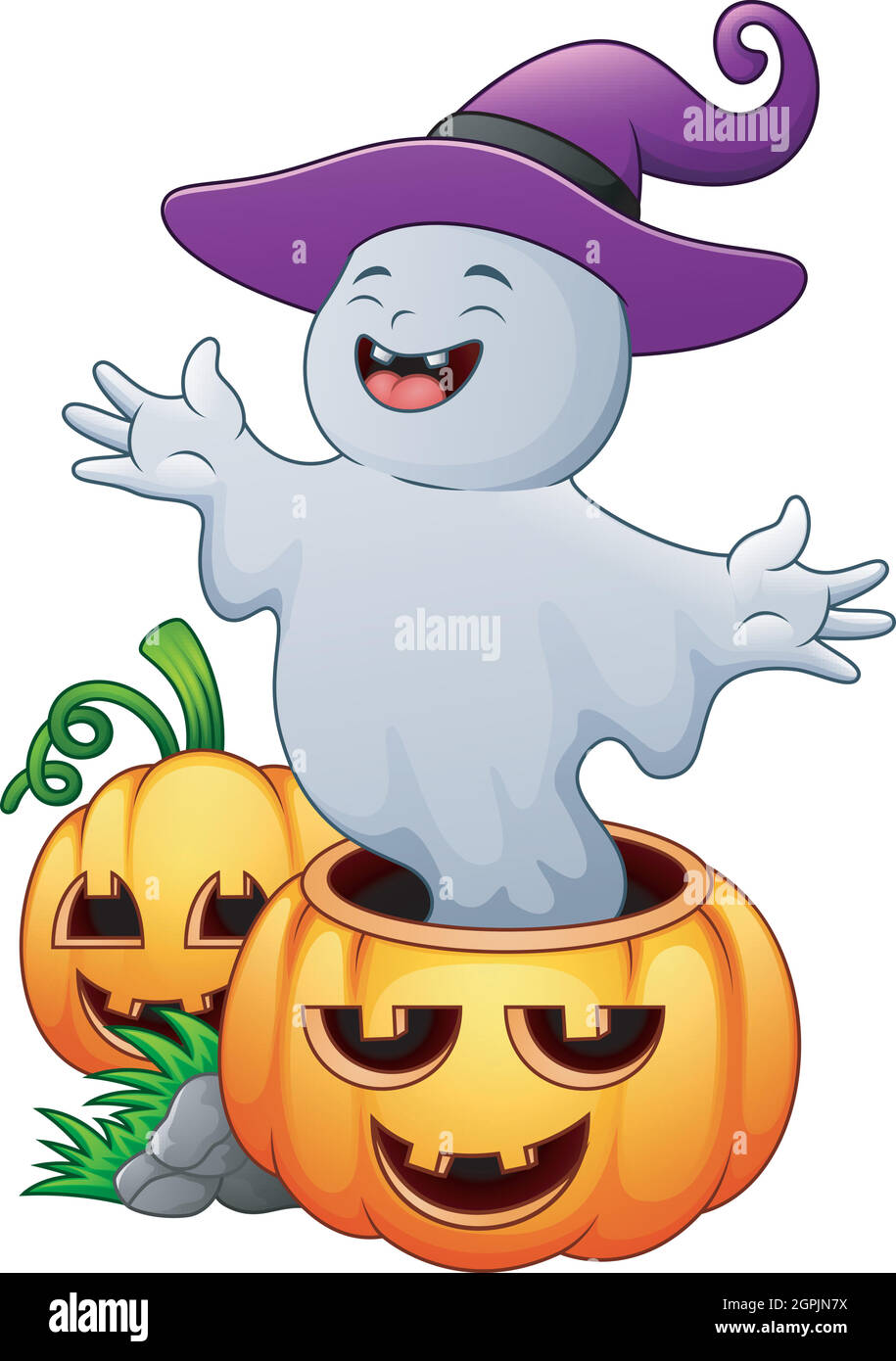 Cartoon ghost with halloween pumpkins Stock Vector