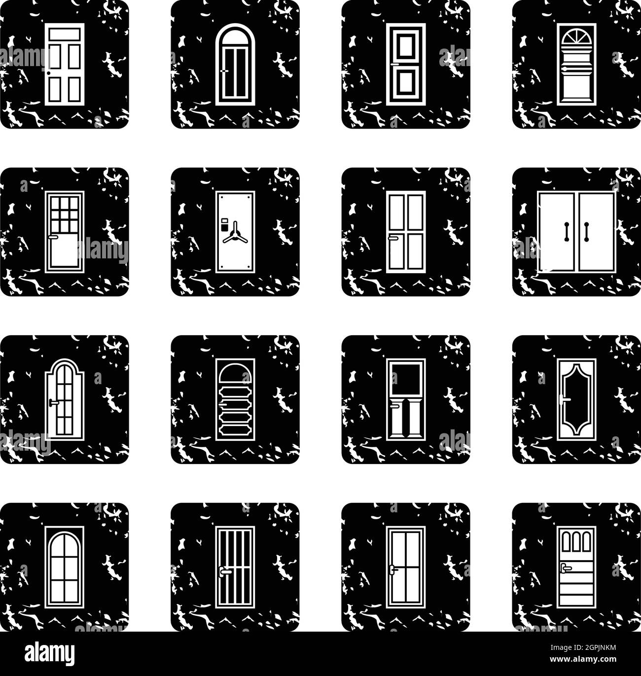 Door set icons, grunge style Stock Vector