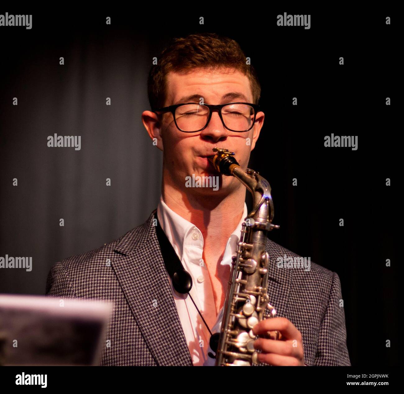Sean Payne - Herts Jazz - Clark Tracey Sextet - Tribute to Miles Davis - St Albans Herts - The Maltings Theatre Stock Photo