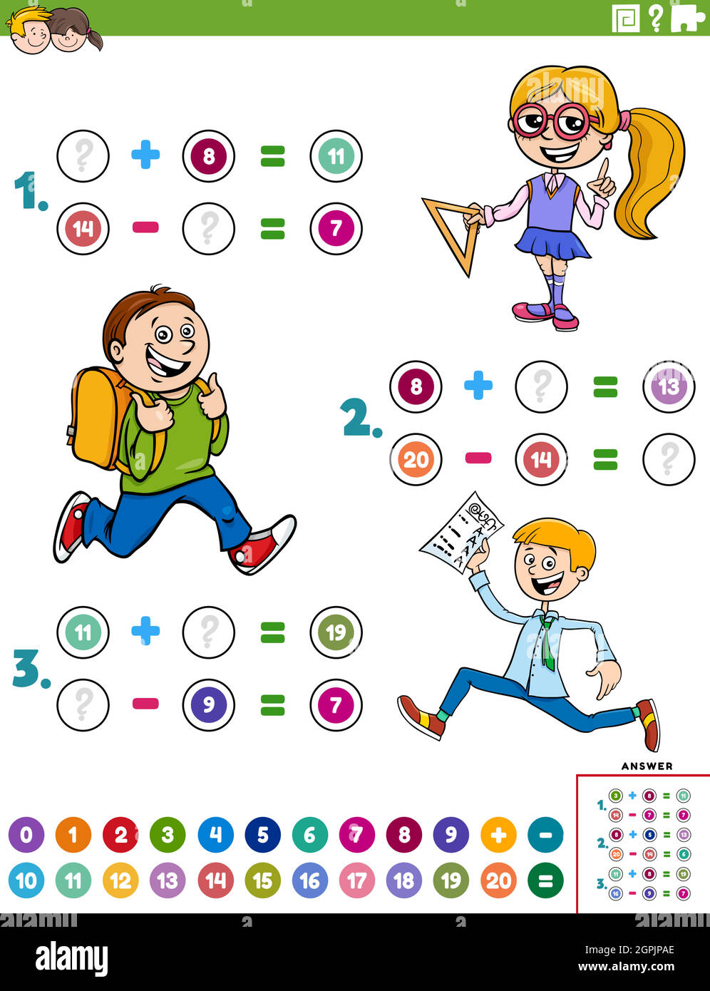 math addition and subtraction educational task with kids Stock Vector