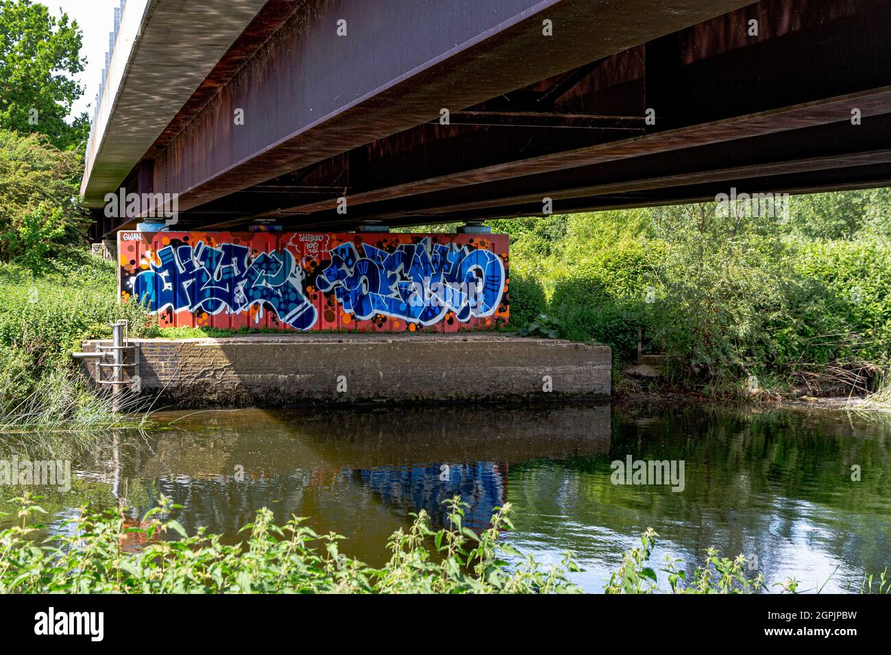 Impressive, artistic, colourful graffiti under a bridge in St Ives, Cambs Stock Photo