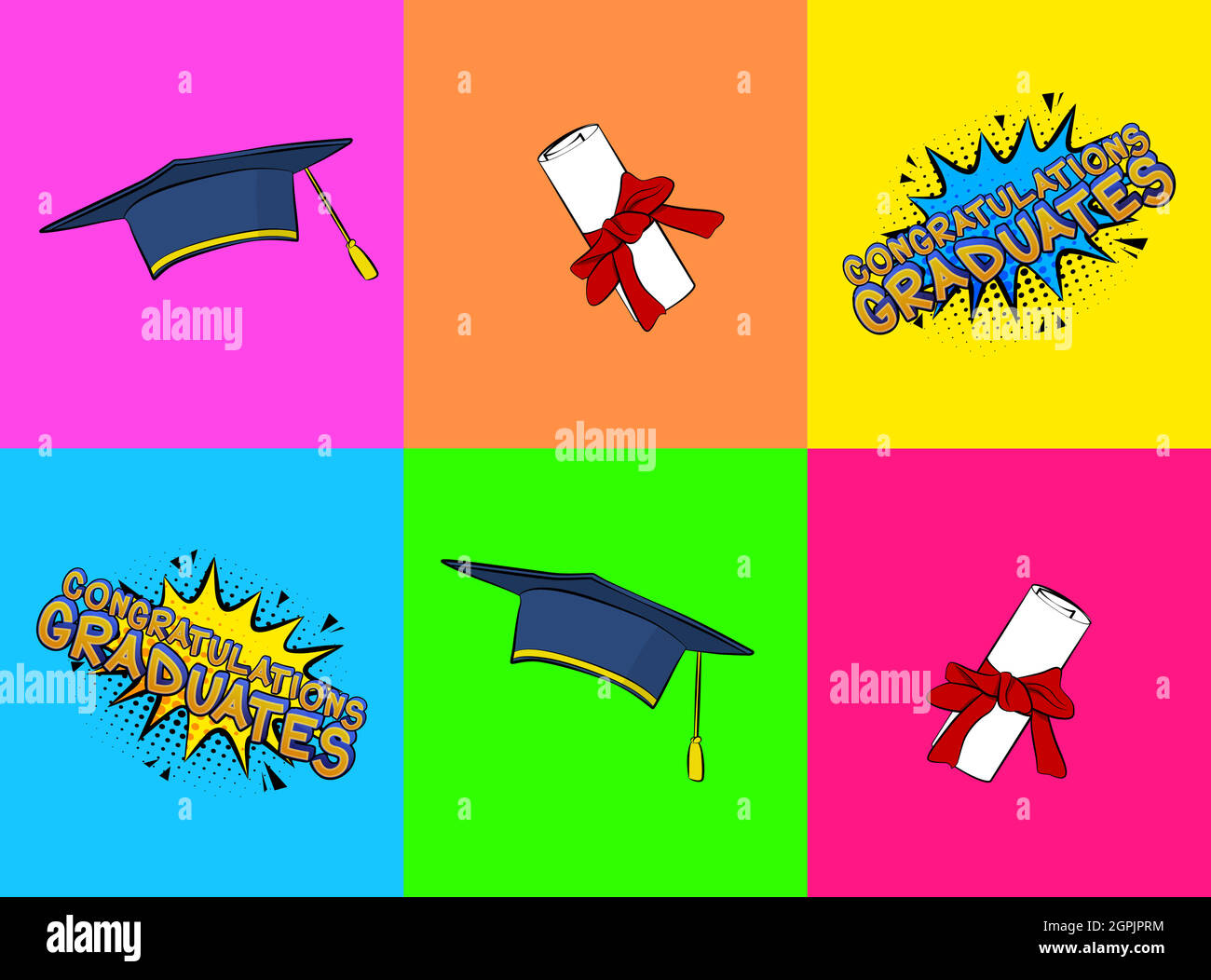 Comic book style graduation cap and diploma. Education. Stock Vector