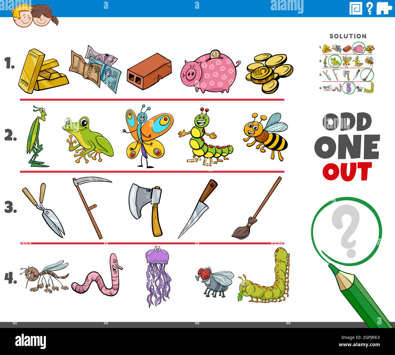 odd one out picture game with cartoon objects and animals Stock Vector