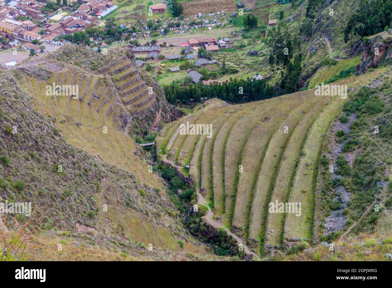 Ancient Inca's agricultural terraces near Pisac village, Peru Stock ...