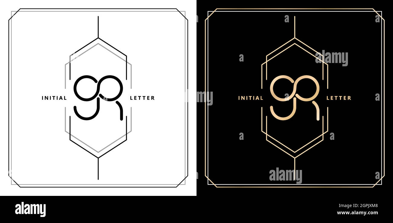 GR initial letter and graphic name, GR Monogram infinity model with hexagonal frames, for Wedding couple name, with two color variation designs gold and monochrome with isolated black white background Stock Vector