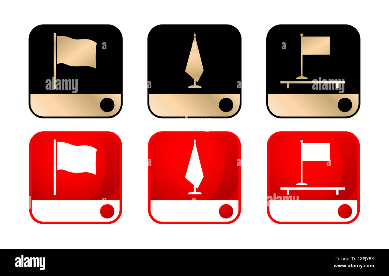 Three icon flag models set with two colors design black gold and red white isolated white backgrounds, phone icon on buttons applicable phone apps, icon label corporate and business. Stock Vector