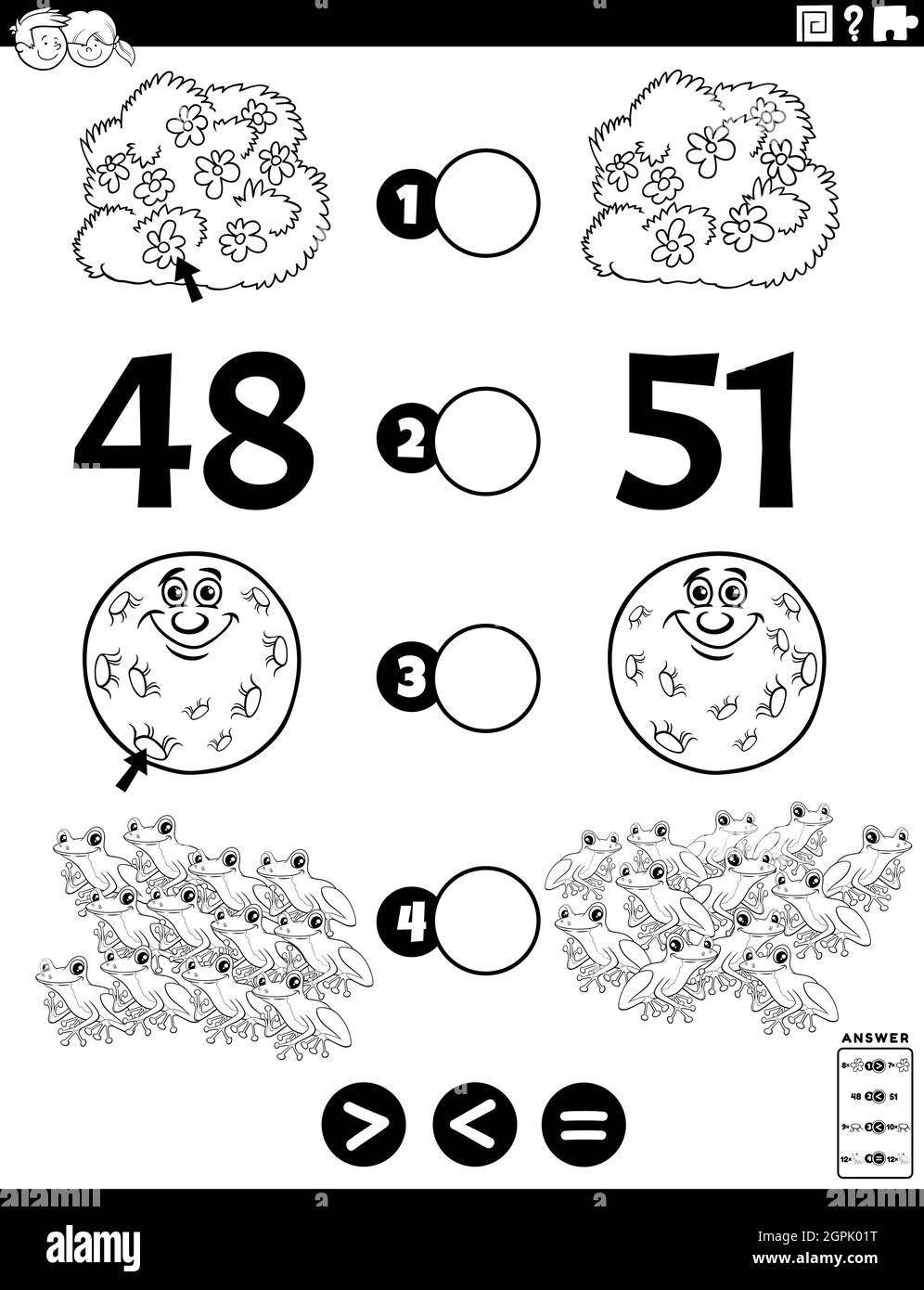 greater less or equal task for kids coloring book page Stock Vector