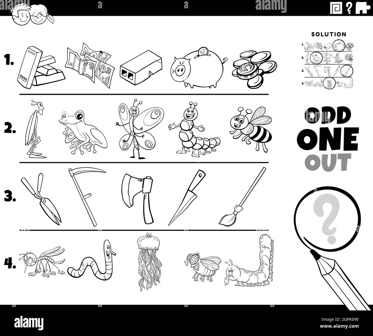 odd one out cartoon picture coloring book page Stock Vector
