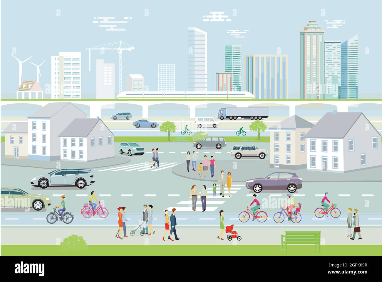 City silhouette with pedestrians and road traffic, illustration Stock ...