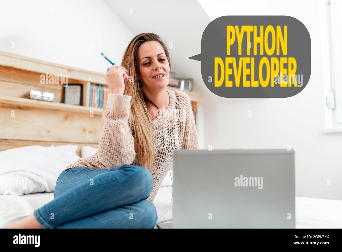 Conceptual caption Python Developer. Business concept responsible for writing serverside web application logic Casual Internet Surfing, Student Stock Photo