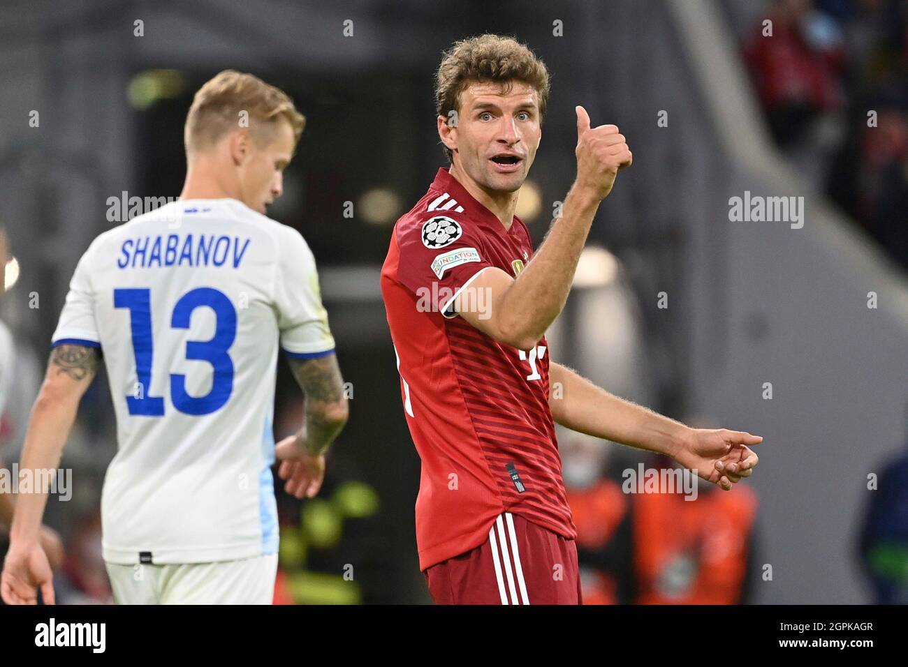 Munich, Deutschland. 29th Sep, 2021. Thomas MUELLER (MULLER, FC Bayern ...