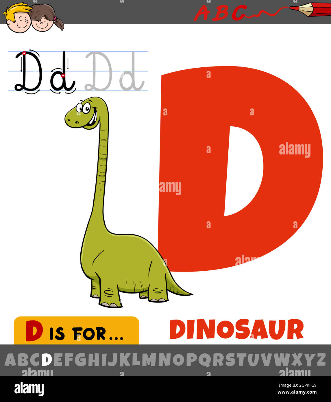 letter D from alphabet with cartoon dinosaur character Stock Vector