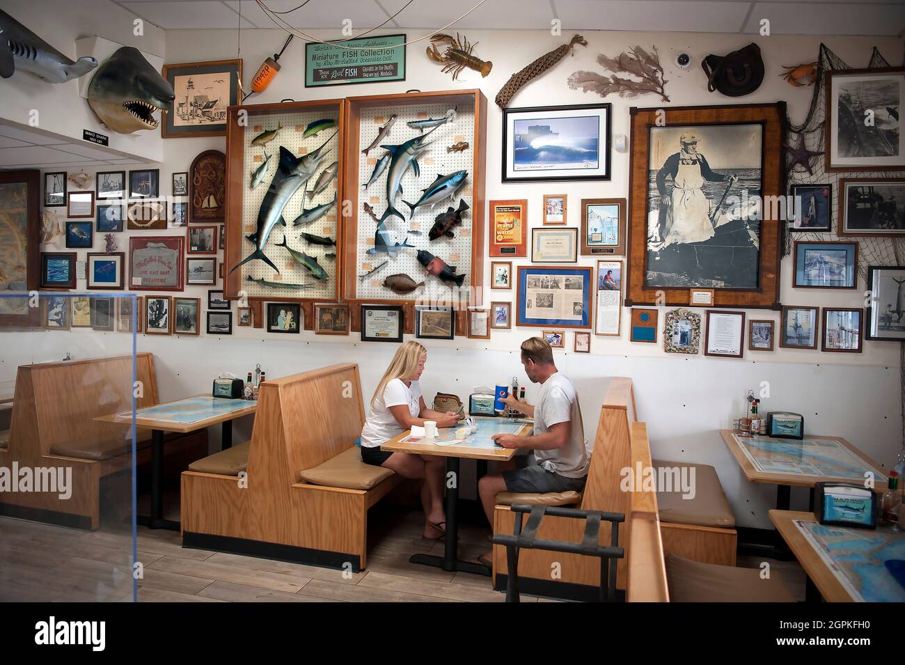 Interior of fish restaurant at the harbor of Oceanside, CA Stock Photo