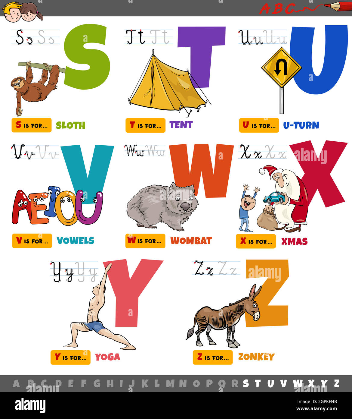 educational cartoon alphabet letters for children set from S to Z Stock Vector