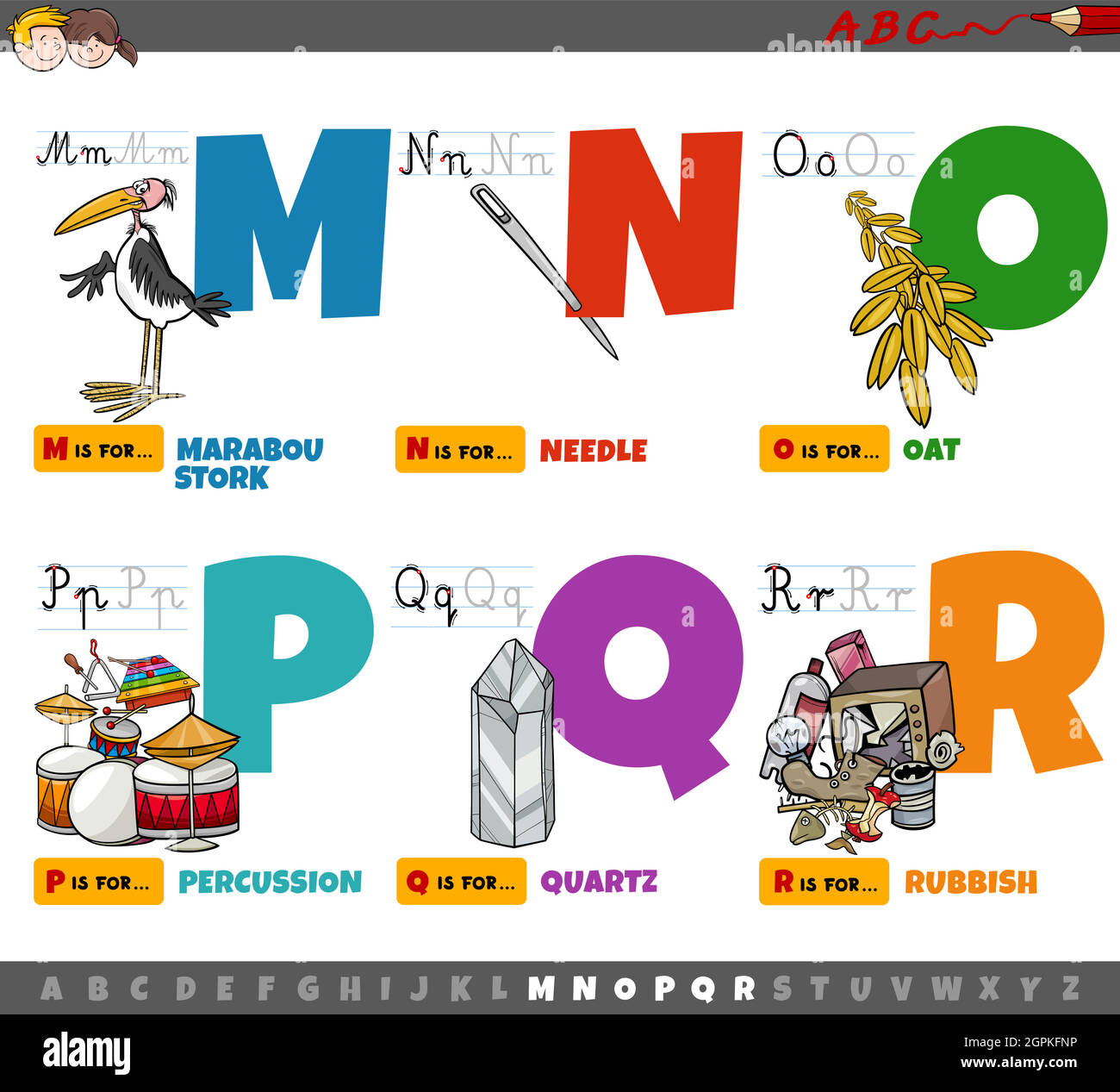 educational cartoon alphabet letters for children from M to R Stock