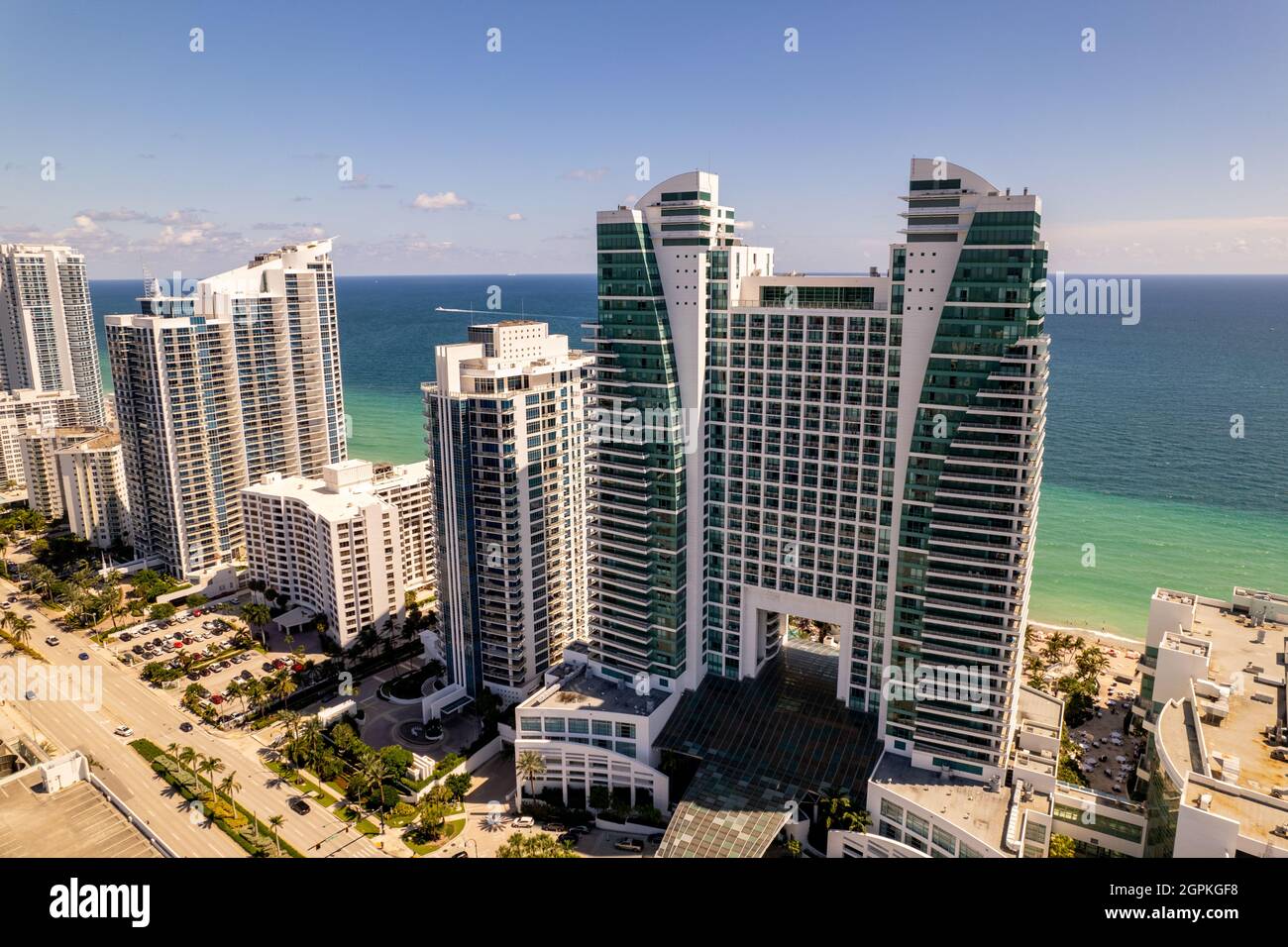 Hollywood, FL, USA - September 26, 2021: Aerial drone photo of The Diplomat on Hollywood Beach FL Stock Photo