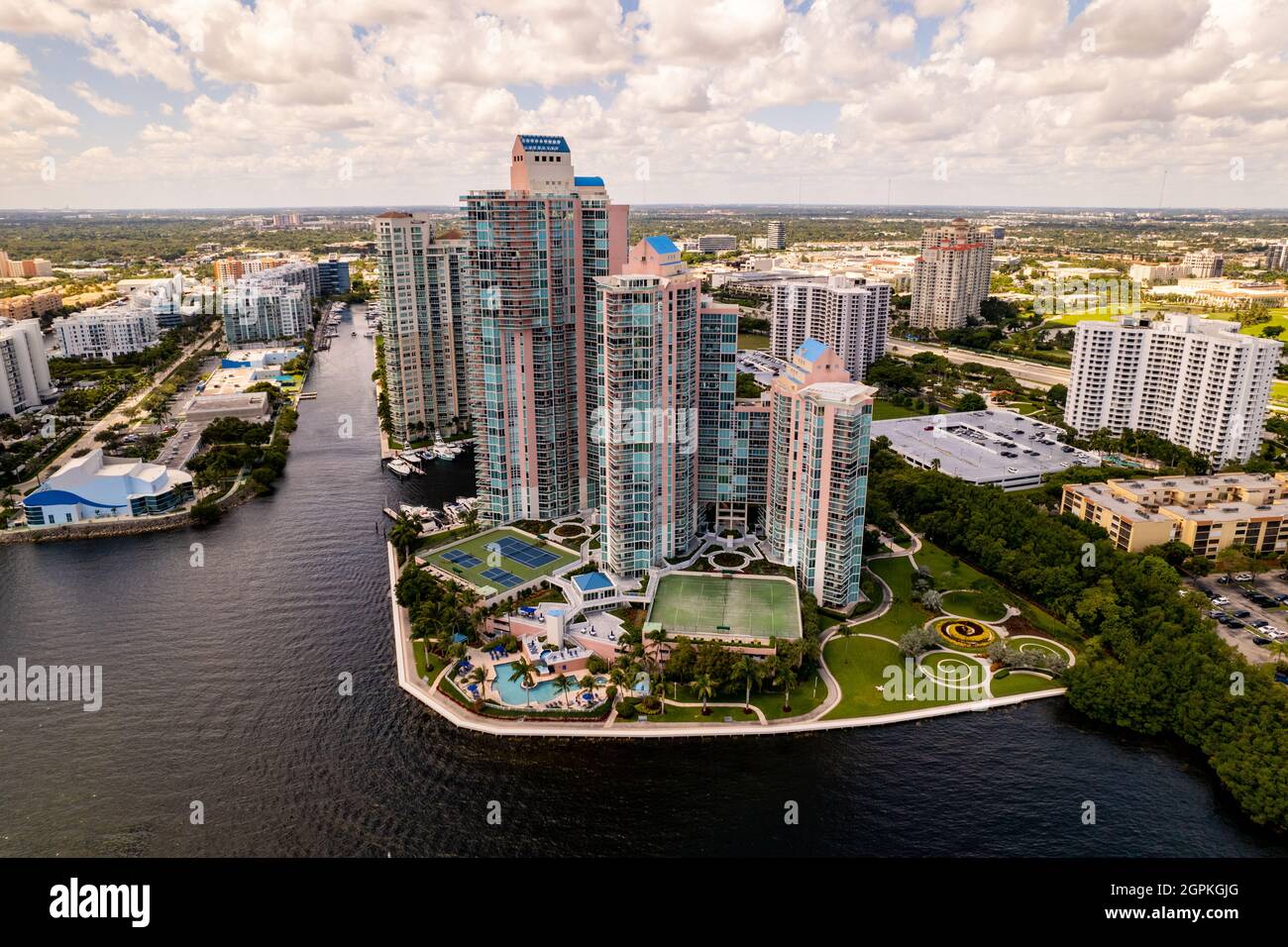 Aventura, FL, USA September 26, 2021 Aerial photo of Hidden Bay