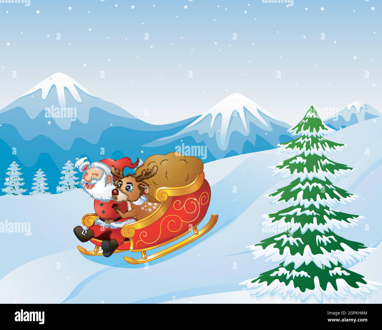 Cartoon santa clause and a reindeer riding on a sleigh with sack of gifts Stock Vector