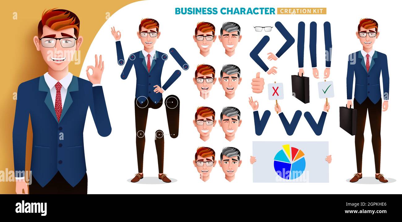 Business man character kit vector set. Businessman creation characters with hand gestures and head facial expressions editable for job employee body. Stock Vector