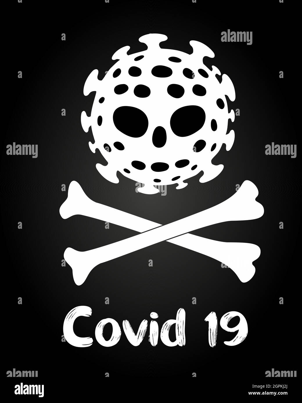 Coronavirus virus infection pirate sign. COVID-19 - virus - human white skull and bones sketch. Sign symbol. Black background Isolated vector illustration. Stock Vector