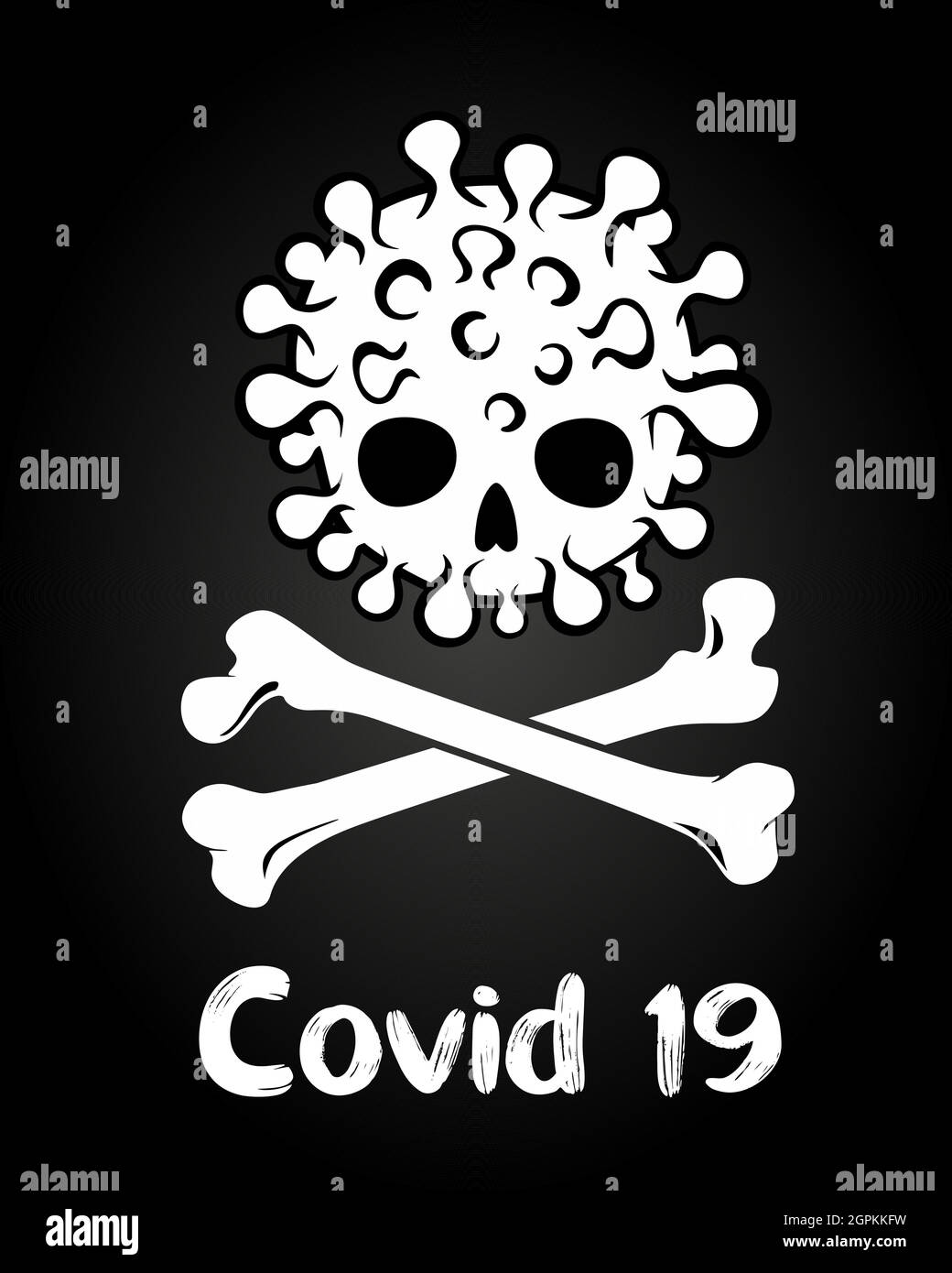 Coronavirus virus infection pirate sign. COVID-19 - virus - human white skull and bones sketch. Sign symbol. Black background Isolated vector illustration. Stock Vector