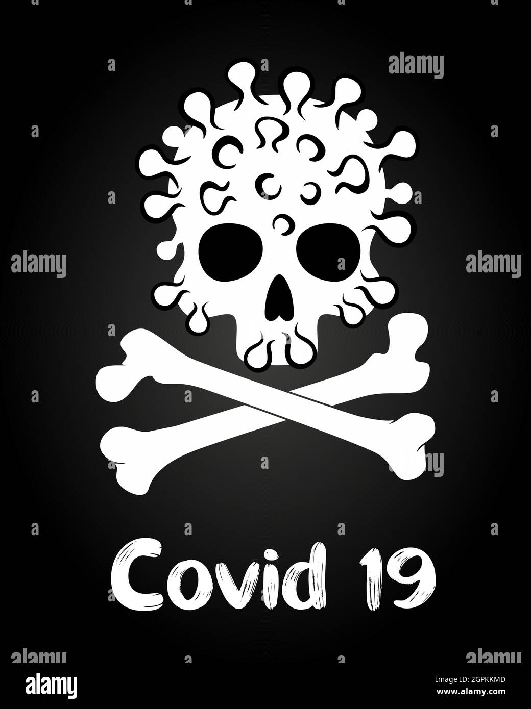 Coronavirus virus infection pirate sign. COVID-19 - virus - human white skull and bones sketch. Sign symbol. Black background Isolated vector illustration. Stock Vector