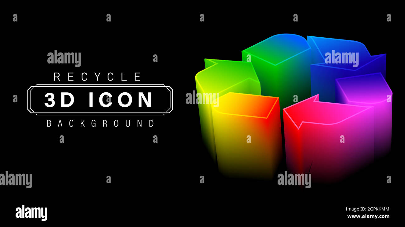 3d or three dimensional Recycle icon colors, set of shapes arrows recycled symbolic rainbow, with isolated black backgrounds. applicable for website banner on industry label and symbolic nature. Stock Vector