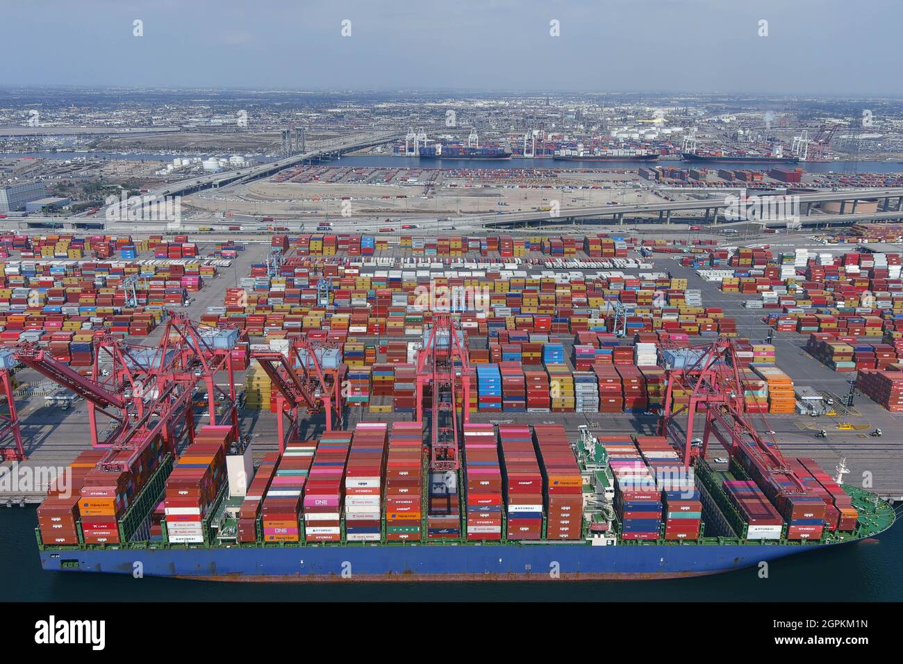 Cargo container vessels ships are backlogged at the Port of Long Beach
