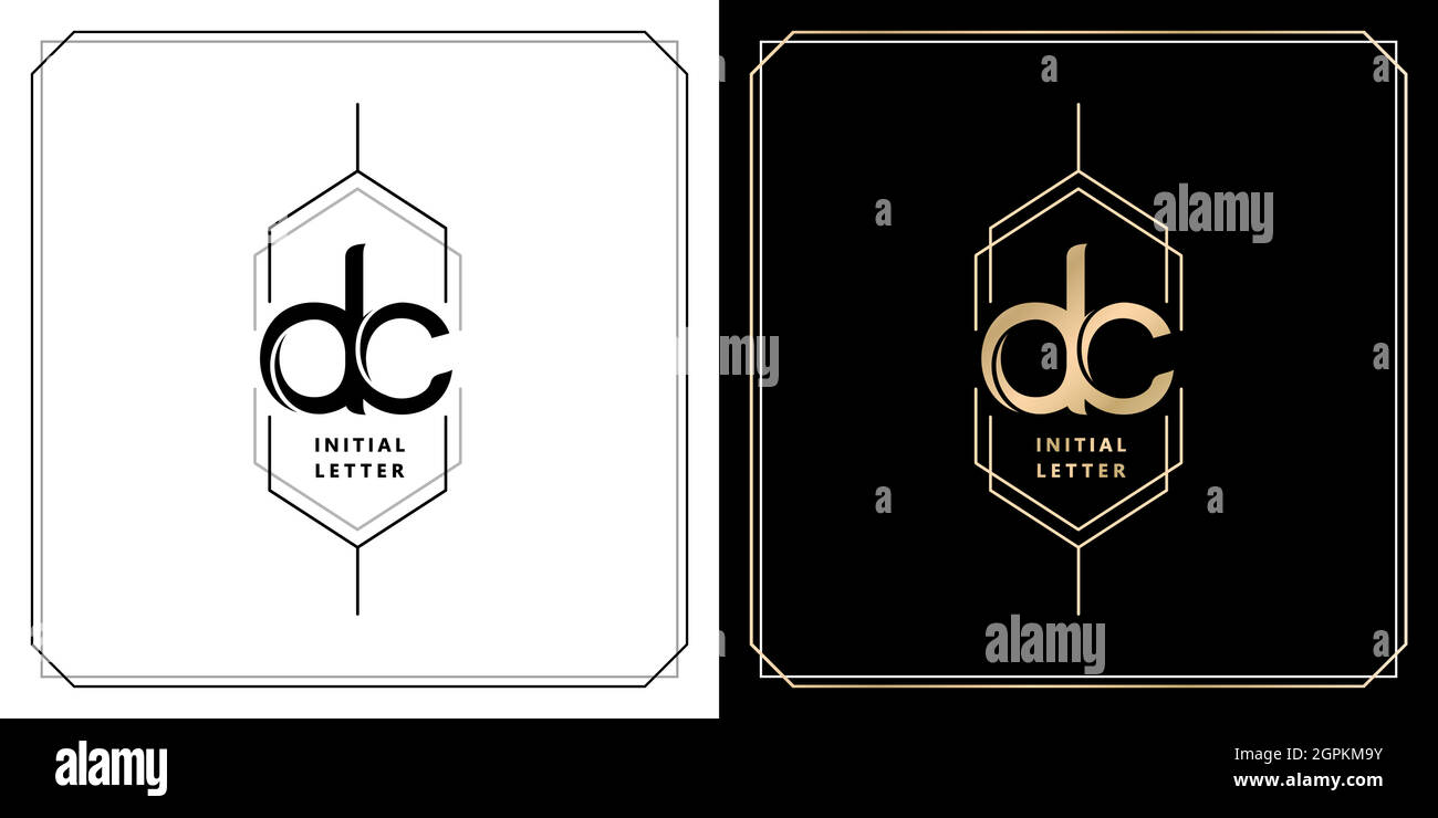 DC initial letter and graphic name, DC Monogram model with hexagonal frames, for Wedding couple name, with two color variation designs gold and monochrome with isolated black white background Stock Vector