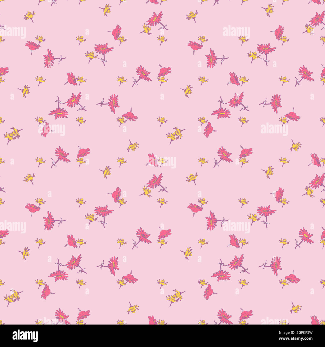 Hand drawn chamomile flowers, floral bloom seamless pattern abstract background wallpaper vector. Line art botanical illustration for graphic design, print. Trendy trendy nature colors pastel pink Stock Vector