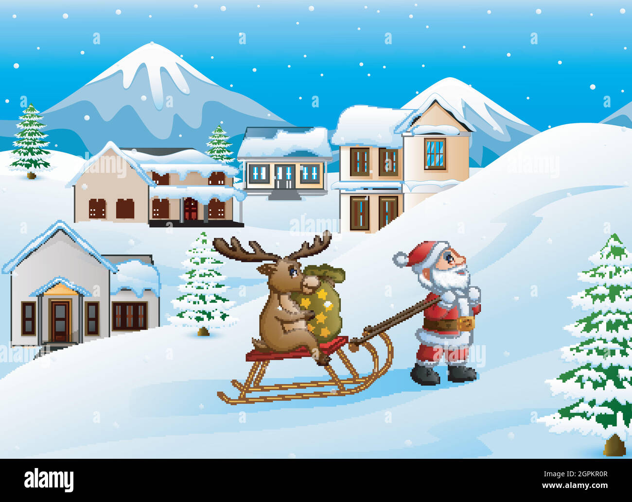 Cartoon funny santa claus pulling reindeer on a sleigh with sack of gifts Stock Vector