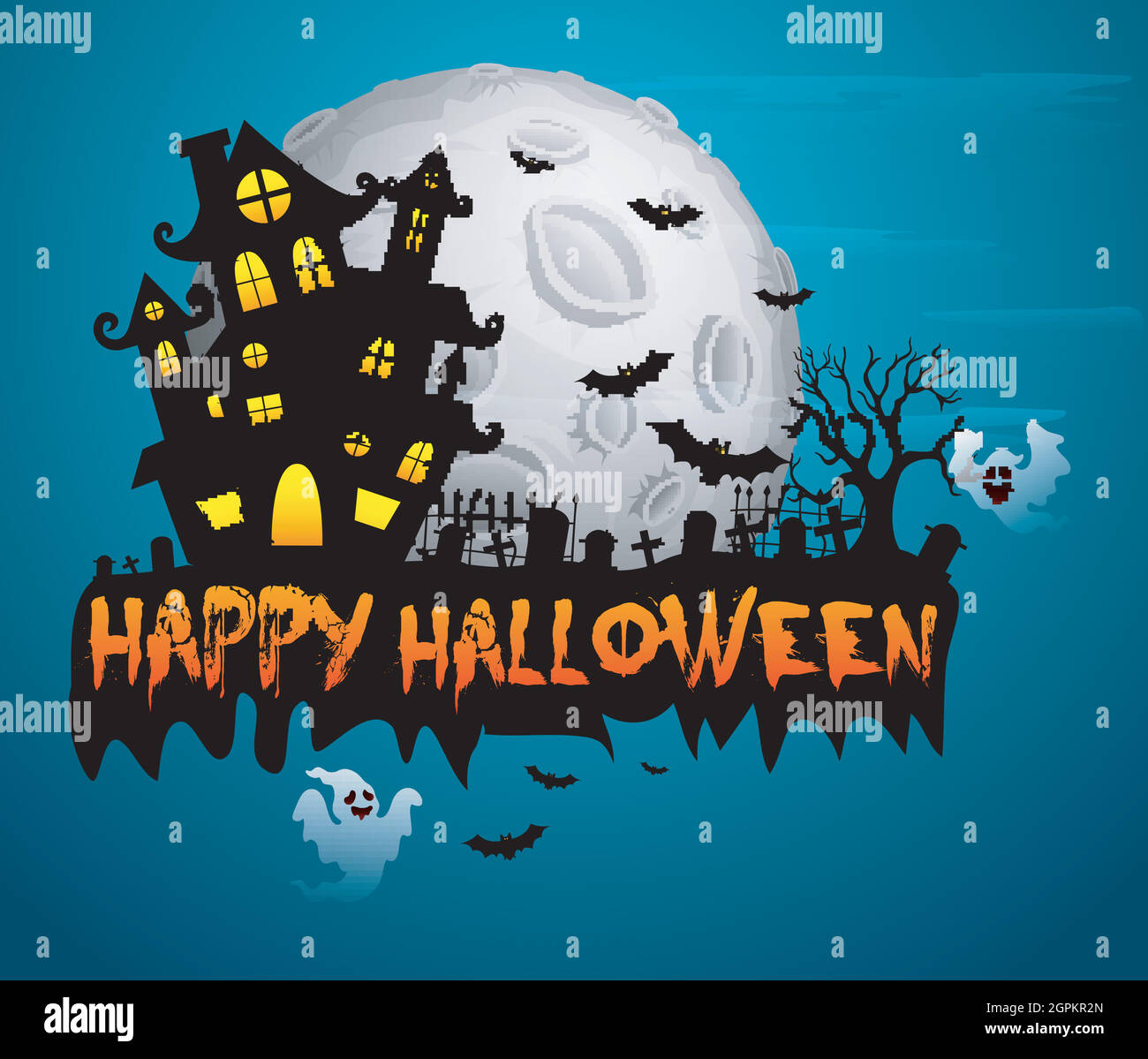 Halloween Poster night background with creepy castle and pumpkins Stock Vector