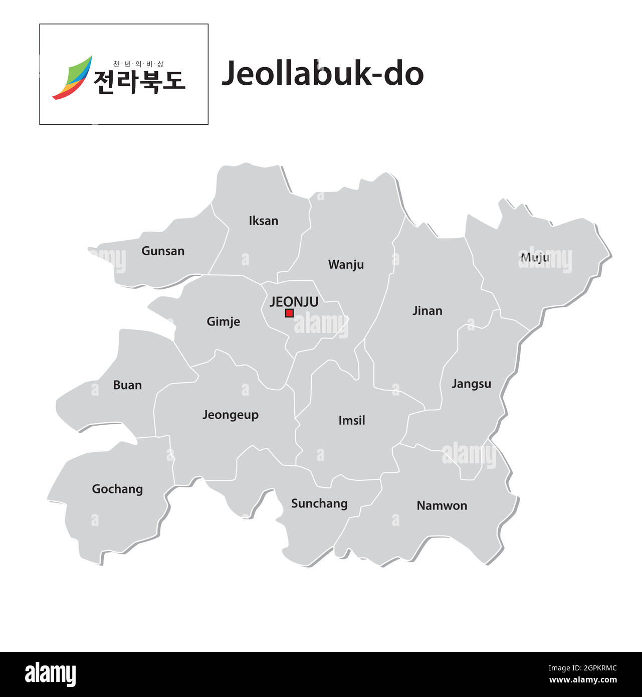 administrative vector map of the South Korean province of Jeollabuk-do with flag Stock Vector