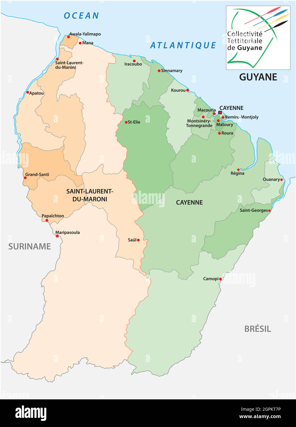 Administrative vector map of the South American state of French Guiana Stock Vector