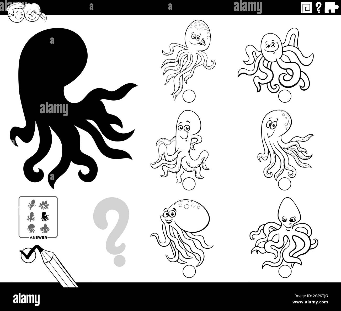 shadows game with cartoon octopuses coloring book page Stock Vector ...