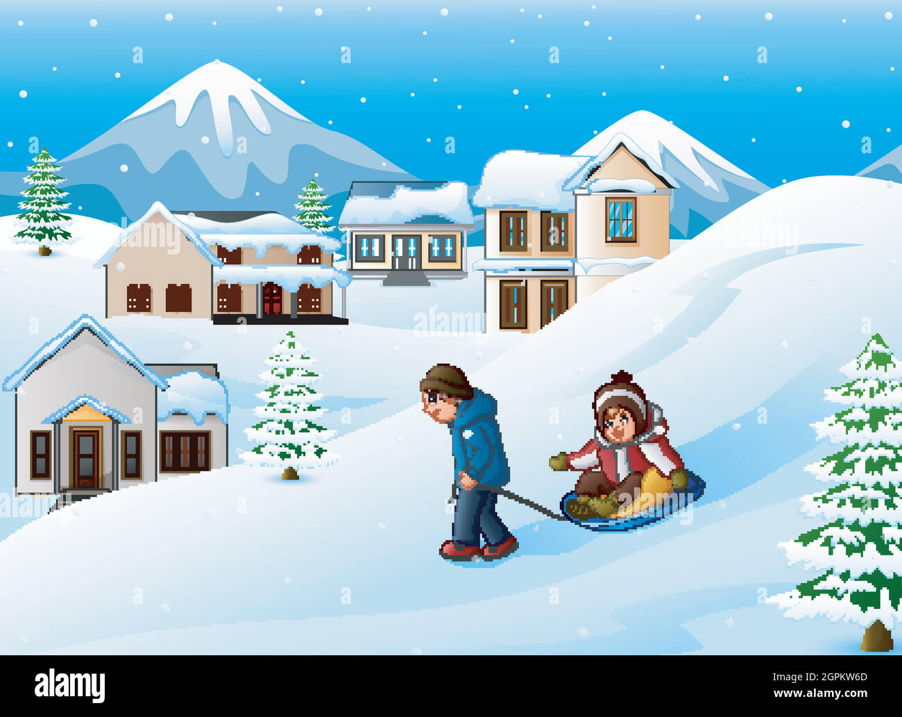 Father pulling his son riding on a sled Stock Vector