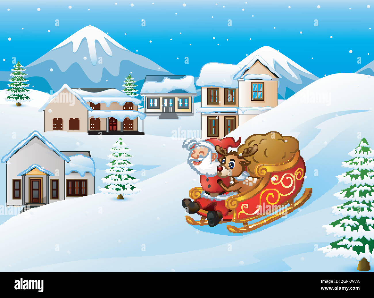 Cartoon santa claus with deer riding on a sleigh with bag of gifts Stock Vector